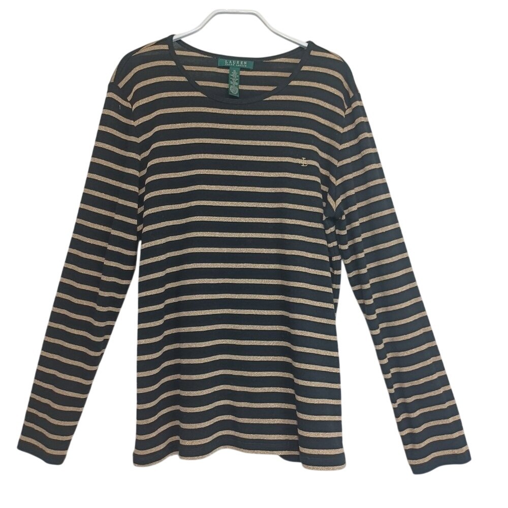 Lauren Ralph Lauren Womens XL Black Gold Metallic Striped Long Sleeve Knit Top‎